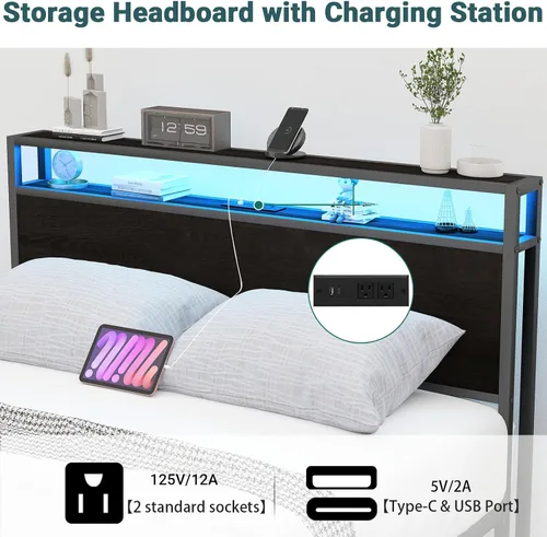 Miniatura 5 de Zevemomo Estructuras de Cama Full con Cabecero, Estructura de Cama de Almacenamiento Tamaño Full con 8 Cajones, Puertos de Carga y Enchufes