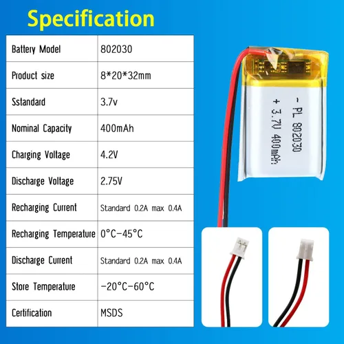 Miniatura 4 de 802030 Batería Lipo de 3.7V 400mAh 802030 Juego de Batería de Polímero de Litio Recargable con Conector JST PH2.0mm para Dispositivo Electrónico