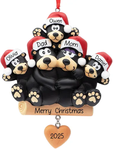 Adorno de Navidad personalizado de familia de 5 con corazón de oso negro 2026 | Padres e hijos personalizados para el árbol de Navidad | Recuerdo de