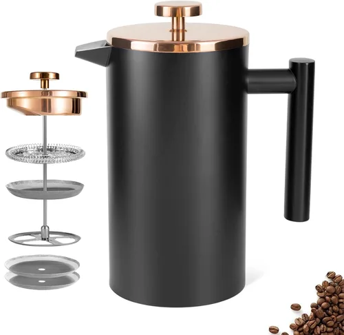 Miniatura 15 de Prensa Francesa Pequeña 350ml Negra, Prensa Francesa de Acero Inoxidable con Pared Doble Aislada para Viaje y Camping, Cafetera de Café Colado