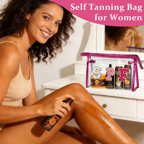 Miniatura 6 de COSHAYSOO Bolsa de Maquillaje Transparente con Protección Solar, Bolsa de Protector Solar con Parches de Letras, Accesorios Esenciales de Playa
