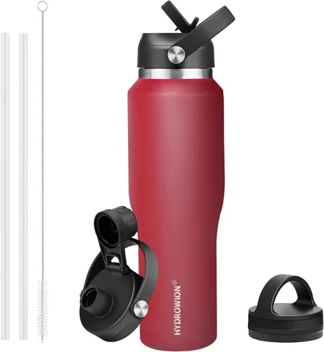 Miniatura 10 de HYDROWION Botella de agua de acero inoxidable, 32 onzas, boca ancha, doble pared, aislada al vacío, con tapa de pajilla, tapa de boquilla y tapa