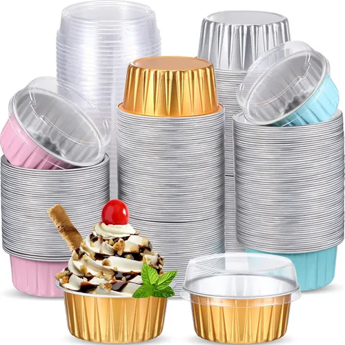 Thenshop 150 tazas de papel de aluminio para hornear con tapas, moldes desechables de 5 onzas, mini moldes para pasteles, moldes para magdalenas,
