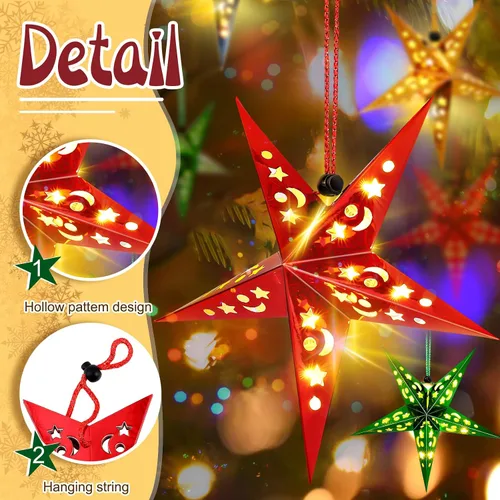 Miniatura 4 de Hortsun Juego de 20 faroles de papel de Navidad con forma de estrella, 2 tamaños, 17.7 y 11.8 pulgadas, adornos colgantes de Navidad, pantalla 3D