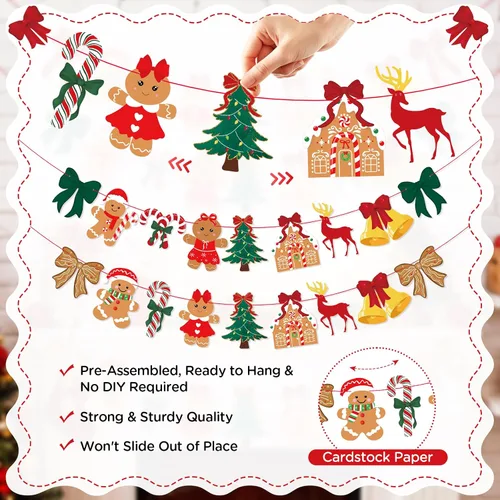 Miniatura 3 de 3 unidades de pancarta de Navidad con lazo vintage, lazos verdes y rojos, árbol de Navidad, árbol de Navidad, hombre de jengibre, guirnalda