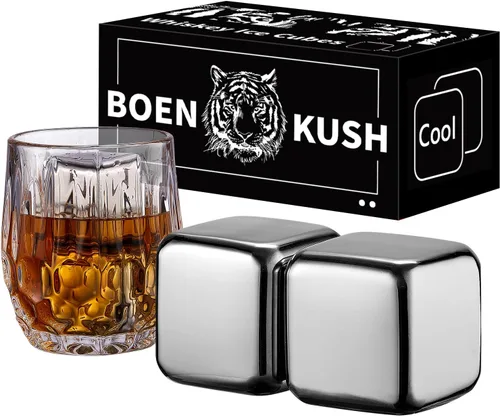 Juego de 2 piedras de whisky grandes de 64 cm³ (4 cu in) – Juego de regalo para hombre – Cubos de esferas de hielo de metal reutilizables de acero