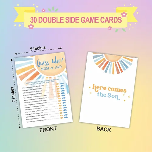 Miniatura 2 de Adivina quién mamá o papá - Juego de juego retro para baby shower con sol - Kit de juego de ducha para baby shower, revelación de género, fiesta