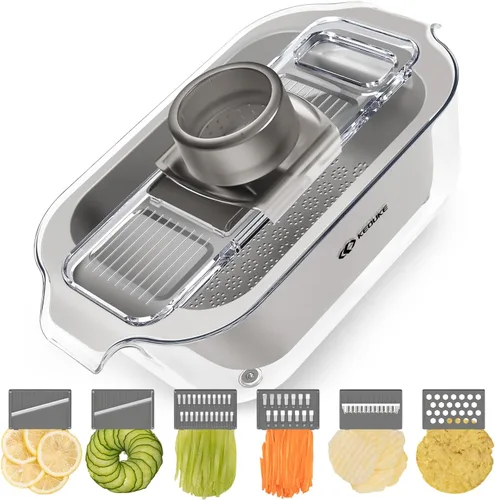 Miniatura 7 de KEOUKE Cortador de mandolina multifuncional transparente, 6 cuchillas intercambiables, cortador de verduras de mano con protector de mano para Negro