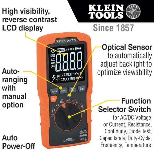 Miniatura 4 de Klein Tools Multímetro MM450, medidor digital delgado, TRMS de rango automático, voltaje AC/CC de 600V, corriente, resistencia, temperatura