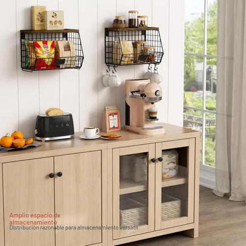 Miniatura 3 de Goozii - 2 paquetes de cestas de frutas colgantes de pared para encimera de cocina, cestas de alambre apilables para organizar con tapa de madera