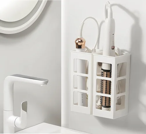 Juego de 2 organizadores de herramientas para el cabello para montaje en pared, organizador de herramientas de pelo de baño colgante para rizador,
