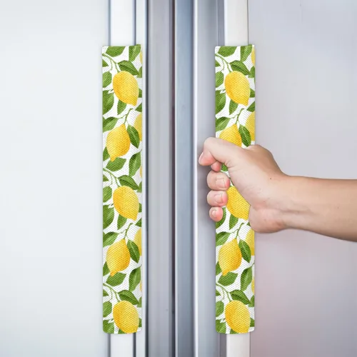 Miniatura 6 de Pardick Juego de 2 cubiertas para manija de puerta de refrigerador, diseño de hoja de limón amarillo lavable, protector decorativo para manija
