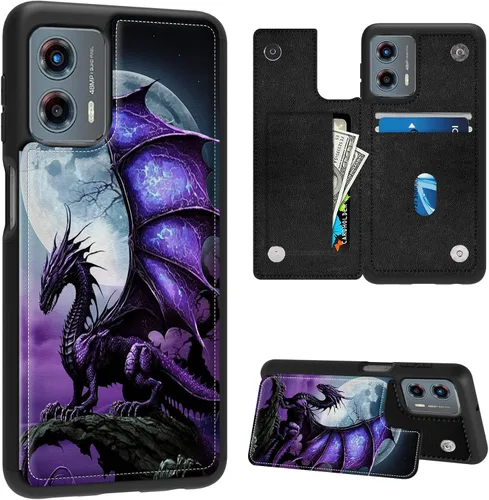 FUYOCWE Funda para Motorola Moto G 5G 2023 con tarjetero, diseño de dragón morado bajo luna llena, piel sintética, función atril, ranura para
