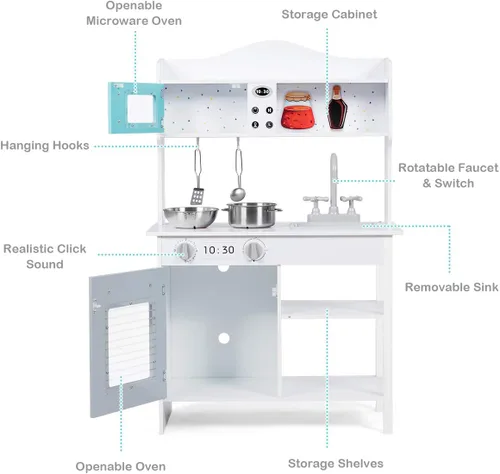 Miniatura 8 de Costzon Juego de cocina para niños, cocina de madera con fregadero, horno, microondas, estufa, ollas, utensilios, juego de cocina con estante, Blanco