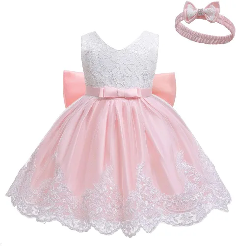 Miniatura 2 de LZH - Vestido para niñas bebé con volante, encaje, espalda descubierta y lazo - Incluye accesorio para la cabeza - Vestido con flores para desfile