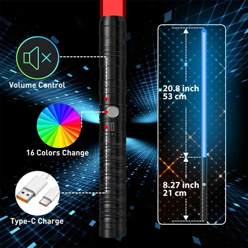 Miniatura 9 de Oueyes Sables de luz con empuñadura de metal para duelo, sables de luz RGB de 16 colores, sonido FX, hoja doble, espada recargable para niños