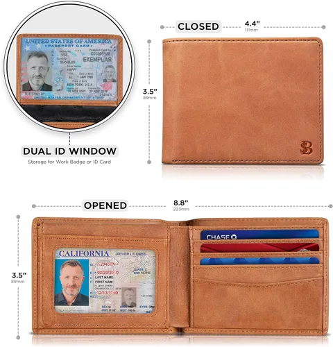 Miniatura 3 de SERMAN BRANDS Cartera de 2 ventanas de identificación para hombres con bloqueo RFID, tapa plegable, cartera de viaje de capacidad adicional