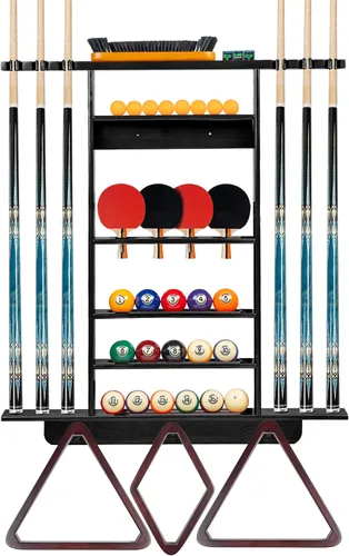 Miniatura 5 de Billmart Soporte para palo de piscina de montaje en pared, palo de piscina 2 en 1 y soporte de paleta de ping pong, estante de madera maciza