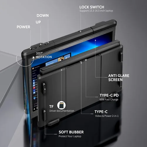 Miniatura 6 de Alecewey P2 PRO - Monitor portátil triple para pantalla de laptop, pantalla IPS FHD de 13.3 pulgadas 1080p, soporte Type-C/PD/TF, MacBook M1/M2