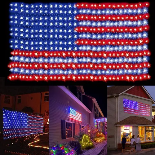 Luces de red de bandera estadounidense, decoraciones del 4 de julio, 420 luces LED de bandera de Estados Unidos, adorno patriótico impermeable para