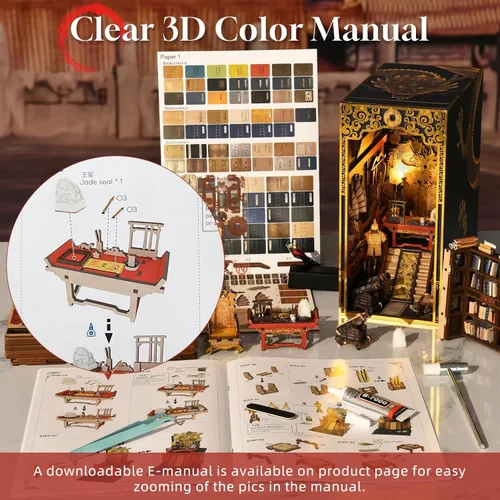 Miniatura 5 de MiniCity Kit de rincón de libros, kit de bricolaje en miniatura para casa de muñecas, rompecabezas de madera 3D, decoración con luz LED