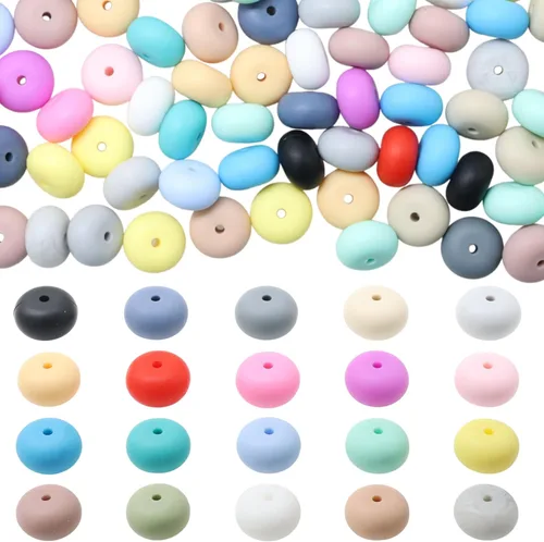 Decoendiy 100 cuentas sueltas de ábaco de silicona de 0.59 pulgadas, cuentas gruesas planas y redondas, cuentas de goma espaciadoras de silicona con
