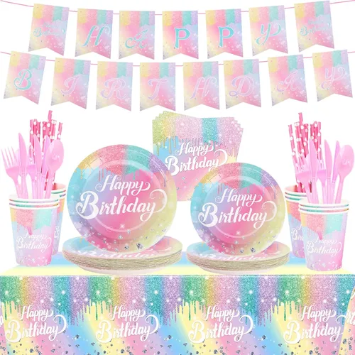 Juegos de Platos y Servilletas de Cumpleaños Arcoíris, Suministros para Fiestas de Cumpleaños Rosa, Platos de Diamante con Purpurina, Juegos de