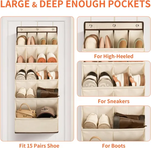 Miniatura 3 de FENTEC 1 paquete de organizadores de zapatos para colgar sobre la puerta, organizador de zapatos colgante con bolsillo profundo grande para zapatos