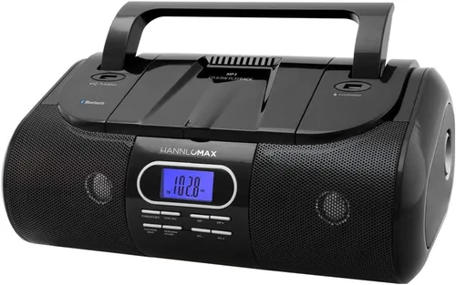 HANNLOMAX Boombox portátil HX-318CD CD/MP3/USB, radio FM PLL, Bluetooth, 1 puerto USB para reproducción de MP3, 1 puerto USB para carga de 1A, Negro
