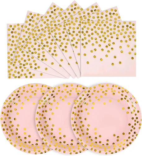 Platos de Papel Rosa y Dorado - Paquete de 50 - 25 * 7 pulgadas Platos de Papel y 25 * 6.5 pulgadas Servilletas, Platos y Servilletas Rosa Dorado,