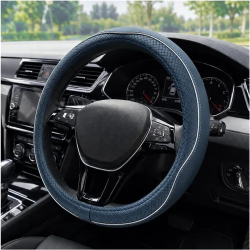 Miniatura 10 de Funda para volante de automóvil, 15 pulgadas, antideslizante, de cuero transpirable, protector de volante suave envolvente completo para hombres
