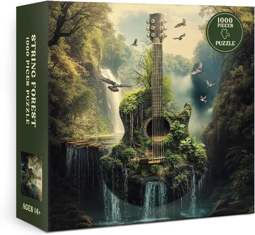 Miniatura 2 de Rompecabezas de 1000 piezas para adultos, diseño de bosque de guitarra, naturaleza, rompecabezas de fantasía, paisaje, pájaro, plantas, desafiantes