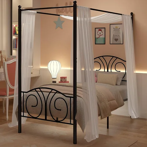 Miniatura 7 de VECELO Base de cama con dosel de metal, tamaño individual, base de colchón con plataforma de 4 pósteres con cabecero, soporte de listones de acero