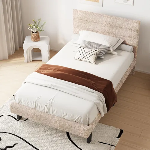 Miniatura 6 de VINGLI Base de cama individual para niños, cama de plataforma tapizada Boucle con cabecera ajustable, soporte de listones de madera resistente, cama