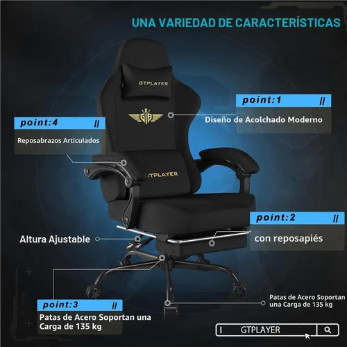 Miniatura 5 de GTPLAYER Silla de juegos de tela con cojín de resorte de bolsillo, sillas de juegos grandes y altas, silla de computadora de respaldo alto de 350
