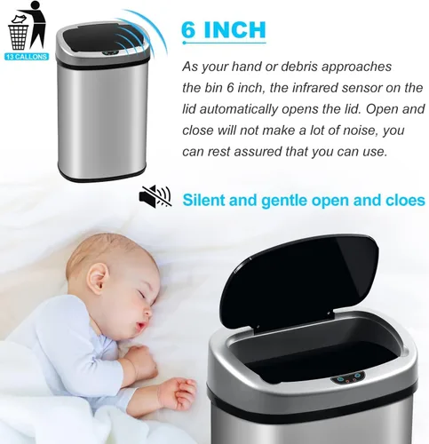 Miniatura 4 de Basurero de cocina Cubo de basura de acero inoxidable de 13 galones Cubo de basura sin contacto de 50 litros con tapa Cubo de basura