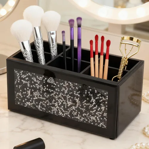 Miniatura 10 de SHYFOY Organizador Portacepillos de Maquillaje Negro, Organizador de Almacenamiento de Cepillos de Cosméticos de 3 Ranuras de Vidrio con Diamante