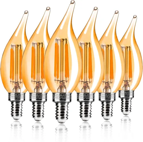 ALAMPEVER Bombillas LED E12, bombillas regulables para lámpara de araña equivalentes a 40 W, bombillas CA11 con punta de llama de 4 W, vidrio ámbar,