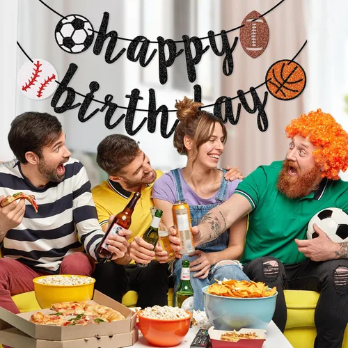 Miniatura 5 de Cartel deportivo de feliz cumpleaños, pancarta de cumpleaños con purpurina, fútbol, béisbol, fútbol, baloncesto (negro)