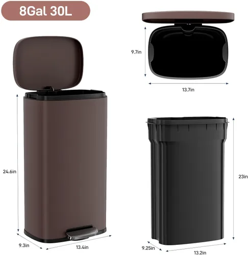 Miniatura 2 de Arlopu Cubo de basura de 8 galones, de acero inoxidable, cubo de basura de cierre suave con cubo interior de plástico extraíble, a prueba de huellas