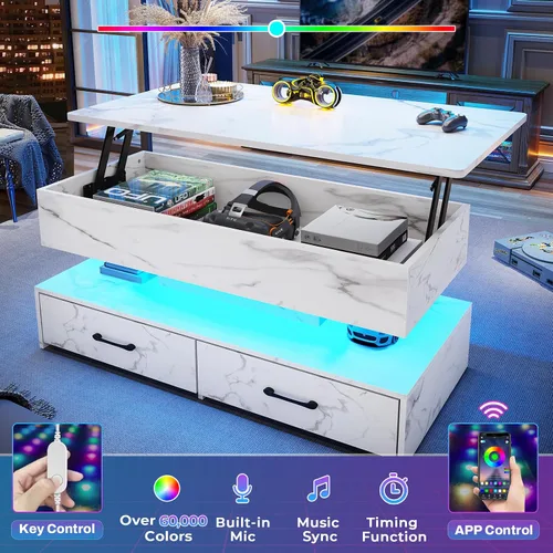 Miniatura 8 de SEDETA Mesa de centro elevable de 40 pulgadas, mesas de centro con almacenamiento para sala de estar, mesa de centro pequeña con 2 cajones y luz LED