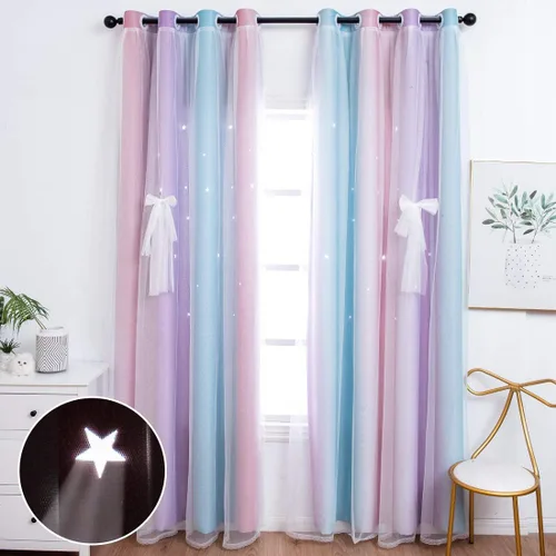 Miniatura 10 de UNISTAR - 2 paneles de cortinas opacas y transparentes con estrellas para dormitorio de niñas, niños, habitación de bebé, cortinas de doble capa