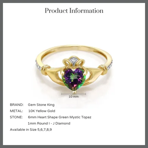 Miniatura 15 de Gem Stone King Anillo de compromiso claddagh celta irlandés de oro amarillo de 10 quilates con piedra preciosa en forma de corazón de 0.236 in