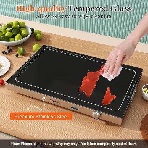 Miniatura 5 de COSTWAY Bandeja de calentamiento eléctrica con temperatura ajustable y asas integradas, calentador de alimentos con parte superior de vidrio