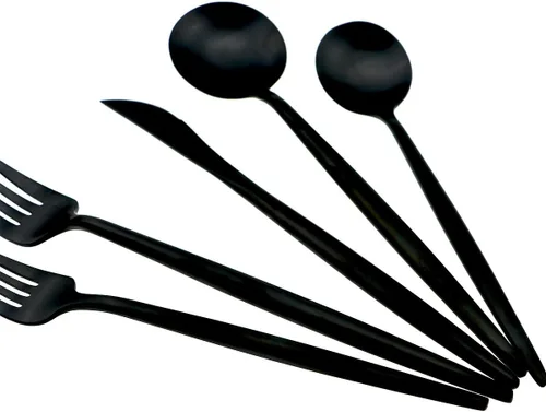 Miniatura 4 de JASHII 18/10 mate negro cubiertos de acero inoxidable 5 piezas Set, cuchillo tenedor ensalada tenedor postre cuchara de la cena, servicio de 1, lujo