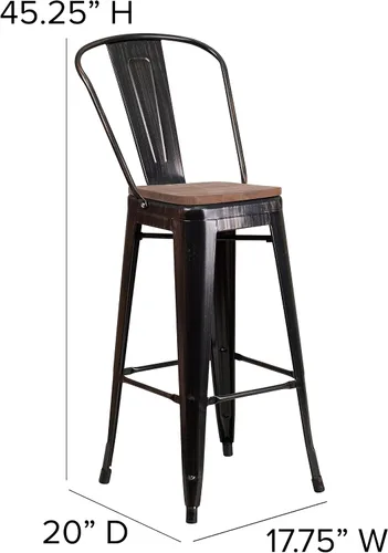 Miniatura 2 de Merrick Lane Amsterdam Taburete de bar – Silla de bar de metal negro antiguo con asiento de madera – Taburete de cocina con respaldo curvado