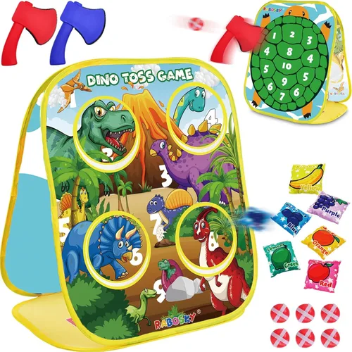 RaboSky 3 en 1 Juego de lanzamiento de dinosaurio para niños con 6 bolsas de frijoles de frutas, 2 hachas de lanzamiento, 6 bolas adhesivas,