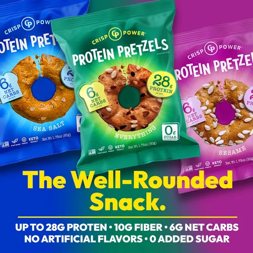 Miniatura 4 de CRISP POWER Pretzels de proteína, paquete variado con sal marina, sésamo y todo, hasta 0.99 oz de proteína, aperitivo alto en proteínas, aperitivos