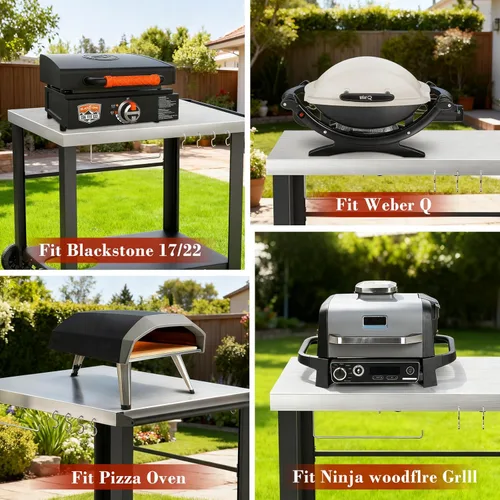 Miniatura 5 de Carrito de parrilla de superficie plana móvil de acero inoxidable de 34" x 24" para parrillas Ninja Woodfire y Blackstone Griddles, mesa de horno