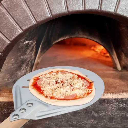 Miniatura 6 de Pala giratoria de pizza perforada redonda de metal de aluminio con mango de madera antideslizante y duradero de 16 pulgadas para panaderos caseros